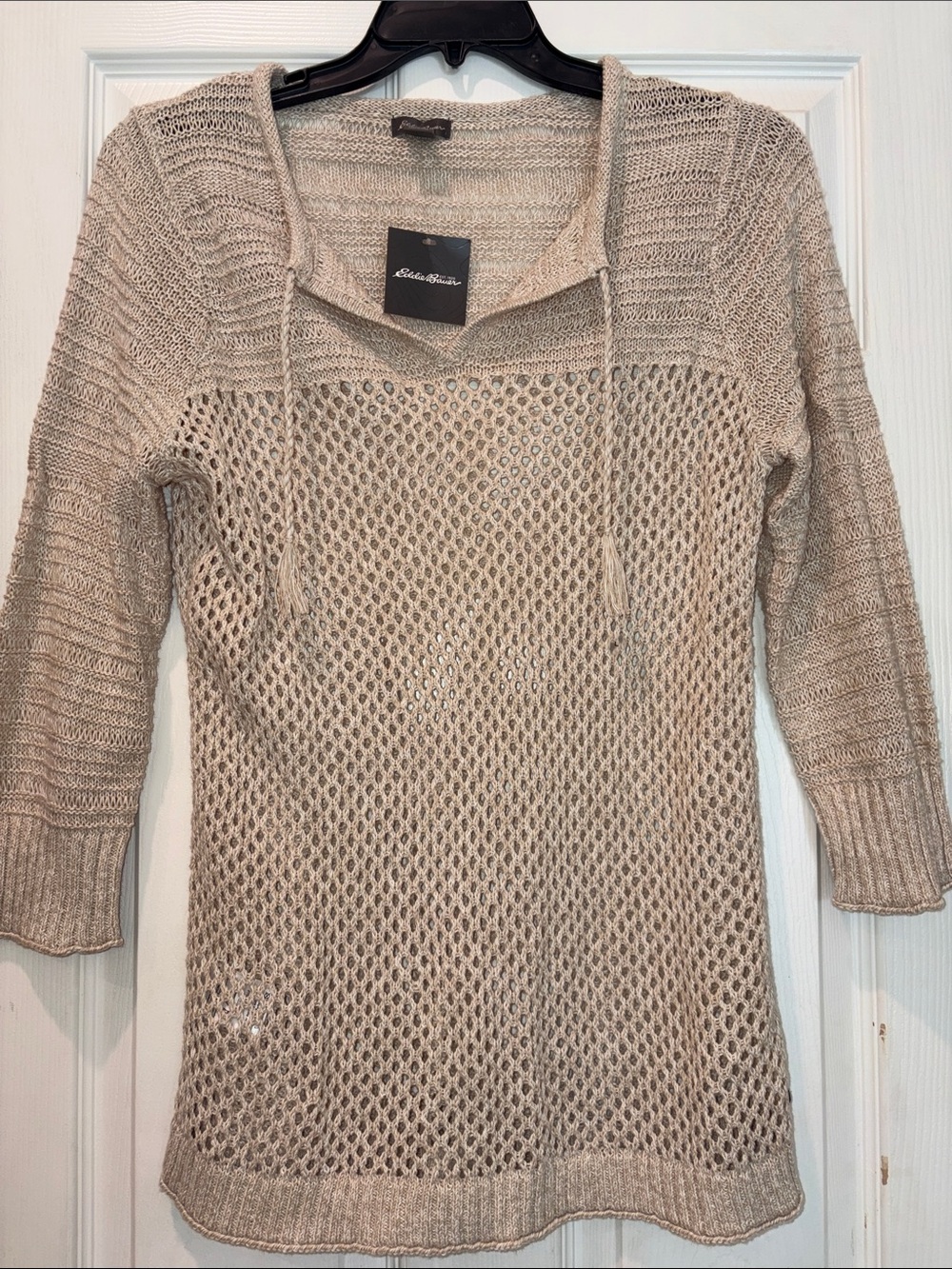 Eddie Bauer Women's crochet Taupe Beachside Sweater Tunic, Large, NWT